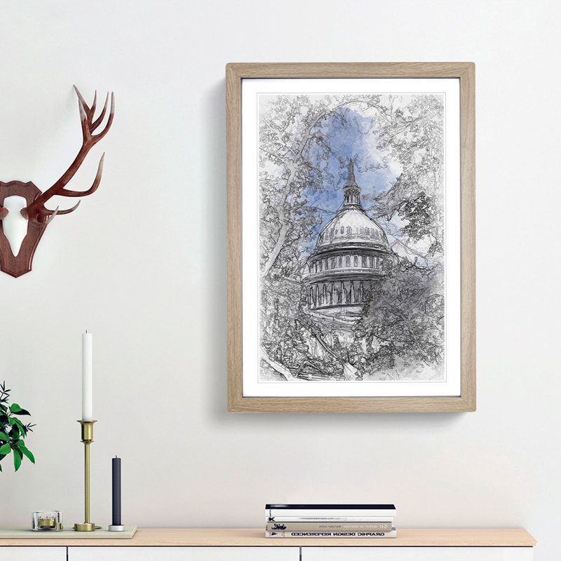 Capitol Hill & Cherry Blossom Tree in Abstract - Picture Frame Graphic Art Print, 87cm H x 62cm W x 2cm D, Oak Framed