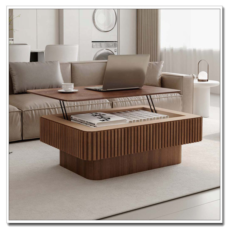 Table basse à plateau relevable avec rangement et hauteur réglable, Noyer