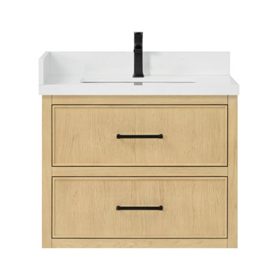 Isola WM 30 Inch Single Wall Mounted Bathroom Vanity in Scandinavian Oak, White Quartz Countertop, Undermount Square Sink (1-Hole), Matte Black Trim