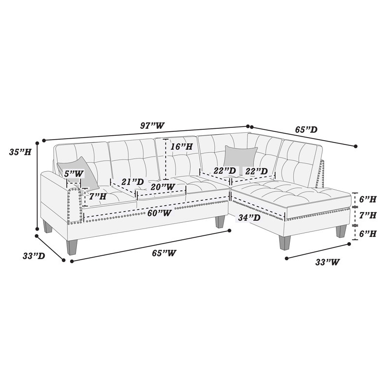 Modern Style 2Pc Sectional Set Nailhead Trim Two Matching Accent Pillows Plastic Legs Left Arm Three Seat Sofa Charcoal Finish Primary Living Room