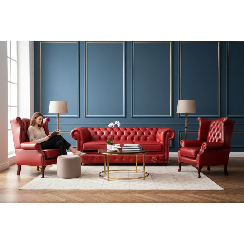 Chesterfield 3 Seater Sofa + 2 X Queen Anne Chairs Old English Leather Sofa Offer, Red