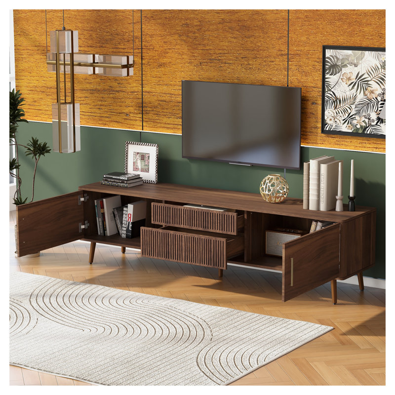 Mid-Century Modern Walnut TV Stand with 2 Drawers - 70.8 Inch Media Console Table for TVs up to 80 inches, Entertainment Center with Storage for Living Room & Bedroom