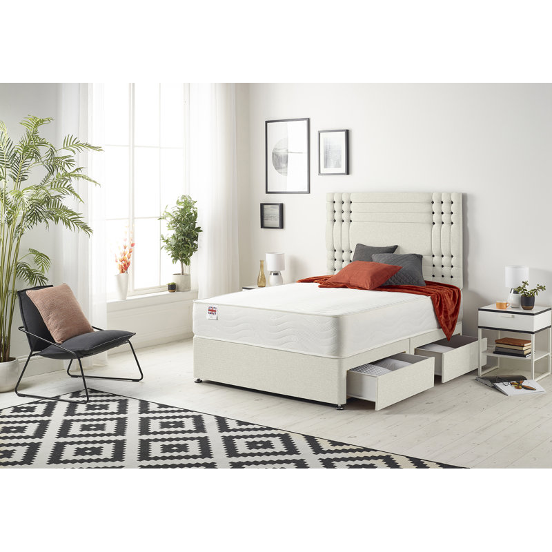 Dennishia Sprung Memory Foam Divan Bed Set with Headboard, 2 Drawers, Kingsize (5'), Ivory