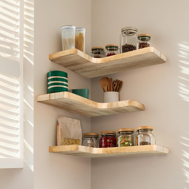 Ensemble de 3 tablettes de coin flottantes, tablette murale en bois massif, tablettes flottantes pour le rangement de la chambre à coucher, de la cuisine, de la salle de bain et du salon (lumière brûlée)