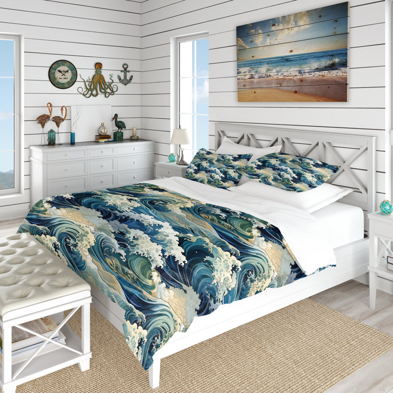 Waves Japanese Hokusai Pattern - Ensemble de housse de couette Coastal, Housse de couette pour très grand lit et 2 très