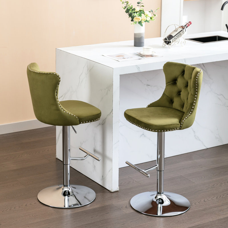 Hauteur réglable de 25 à 33 po, revêtement moderne en velours, pivotant sur 360 °, dossier, olive pour siège de pub rembourré, olive, îlot de cuisine 2 pièces