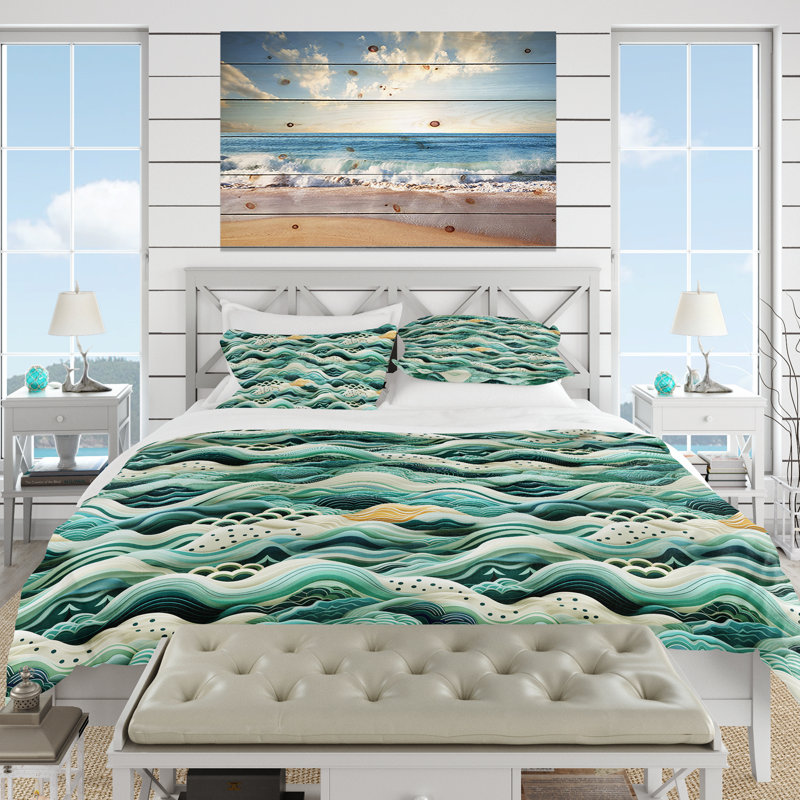 Coastal Chevron Green Waves Pattern Polyester Abstract Duvet Cover Set, King Duvet Cover + 2 King Shams