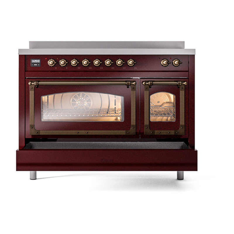 ILVE Nostalgie II Noblesse 48 in Induction Range, 6 Induction Elements (Glass Door), Burgundy/Burnished