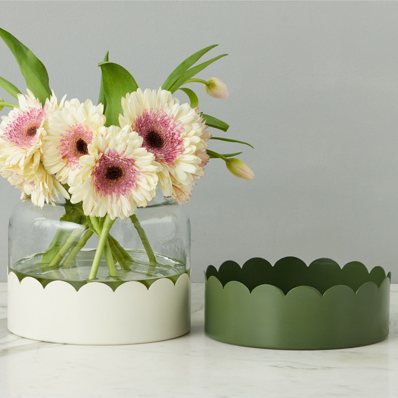 2-in-1 Scalloped Bloom Vase, White/Spruce Green