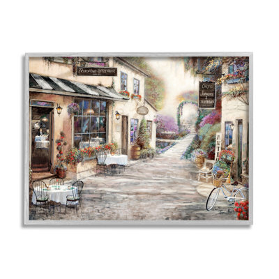 Traditional Village City Architecture Charming Bistro Scene Gray Farmhouse Rustic Framed Giclee Texturized Art by Ruane Manning