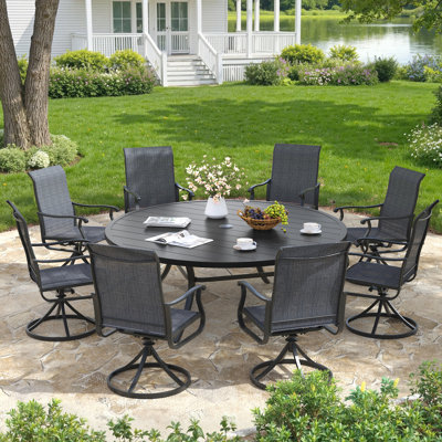 9-Piece 63" Round Outdoor Patio Dining Set With Swivel Armchair