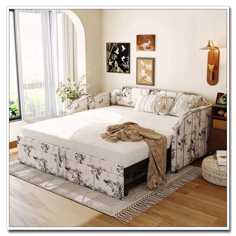 Lit de jour simple rembourré avec couchette escamotable et ports de chargement USB, White Tossed Botanical