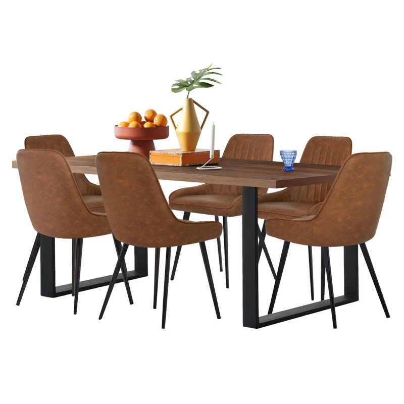 Covello 6-Person Dining Set with Faux Leather Upholstered Chairs and Rectangular Table, Walnut, Brown