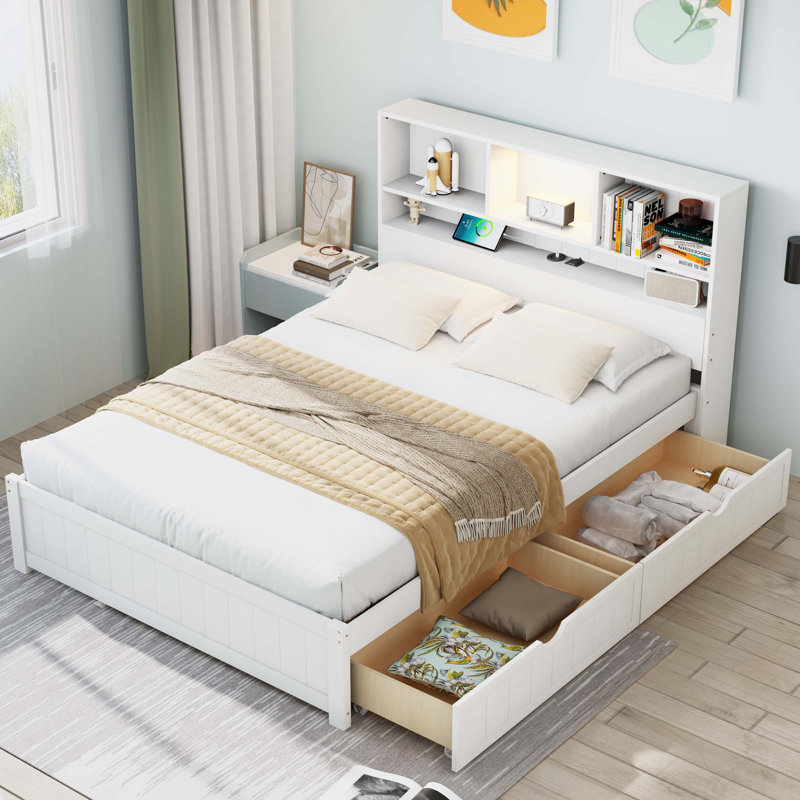 Bed with Charging Station, and 2 Side Drawers, White, Twin