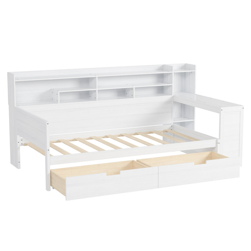 Lit de jour simple avec rangement et bureau superposés, teinte blanche antique