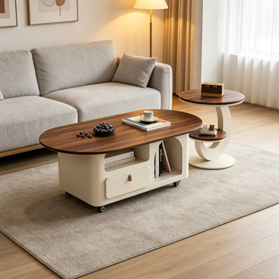 Simple Movable Wood Coffee Table Storage Drawers