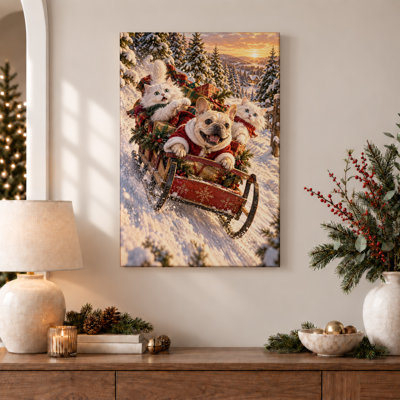 Bouledogue français et chats blancs chevauchant un traîneau rouge, art mural de Noël