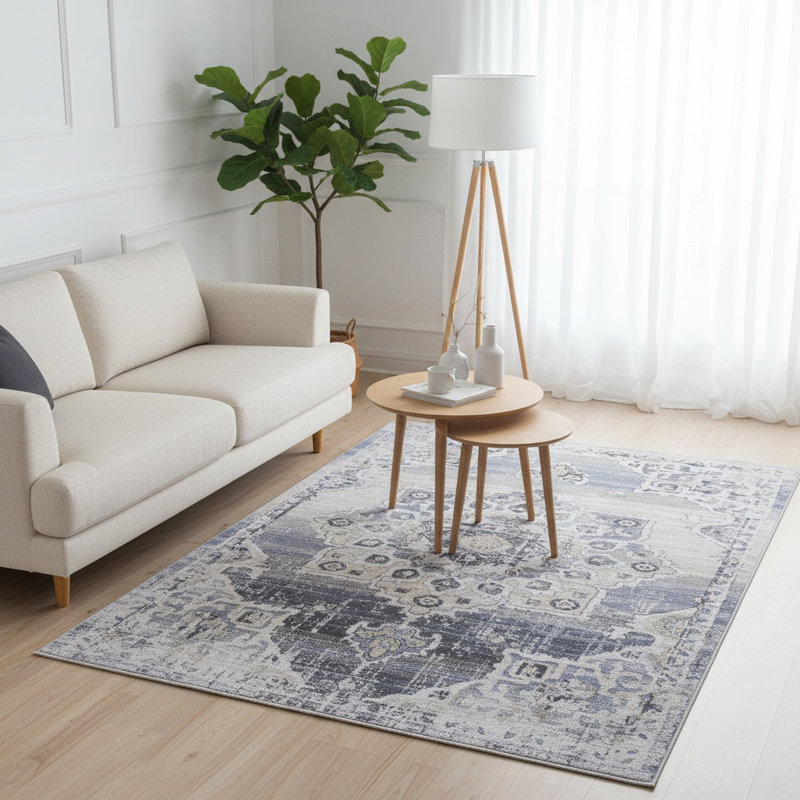PAYAS Collection Cream / Blue Medallion Doormat Rug, Runner 2'2" x 8'