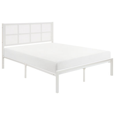 Queen Size Metal Bed, White Finish With Faux Cane Panel, Casual Coastal Bedroom Piece, Box Spring Not Necessary Platform And Headboard, Bedroom, Excluded