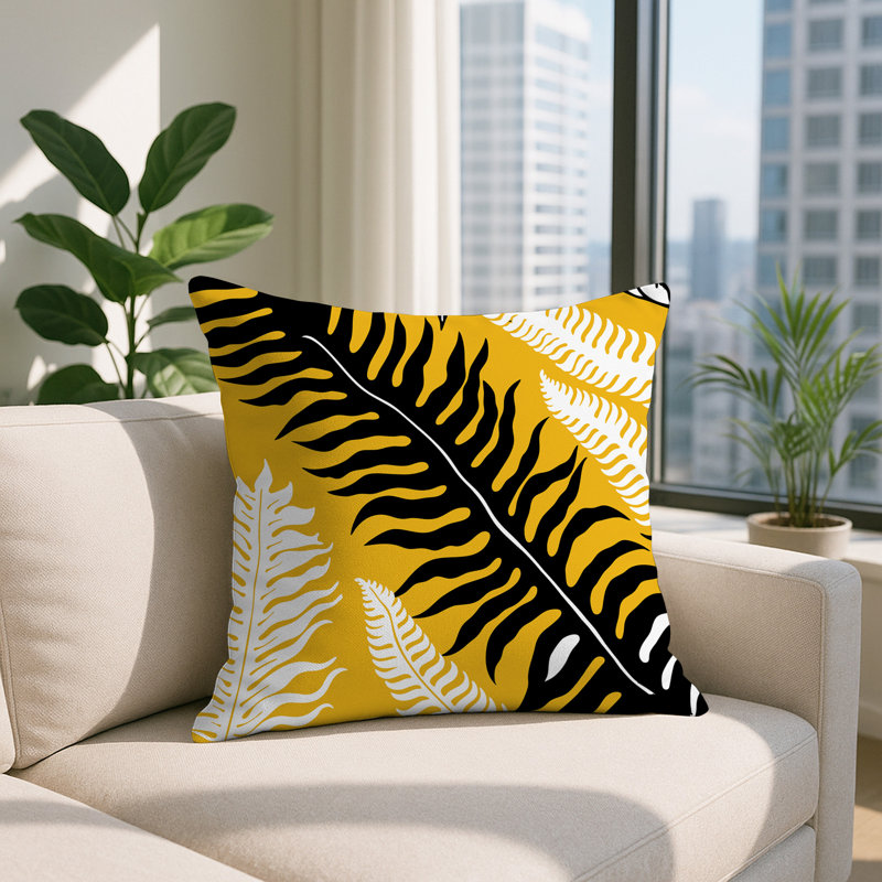 Oreiller carré réversible intérieur / extérieur Glo Wild Ferns, Jaune, Carré 15 po