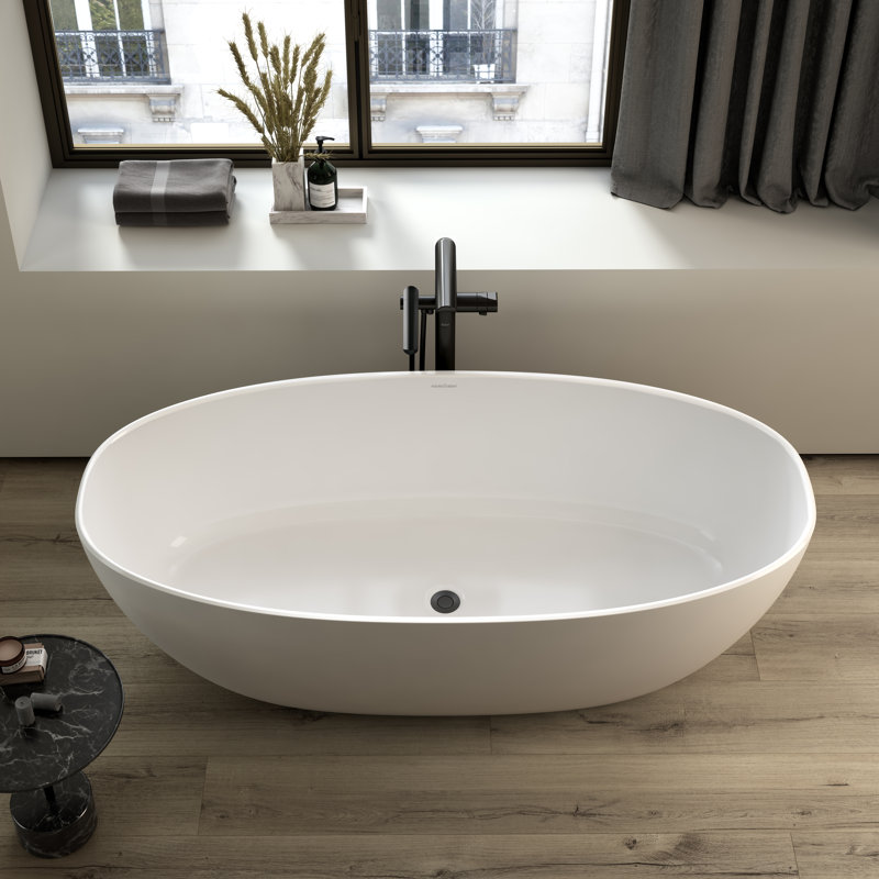 Barcelona 66.875" x 31.75" Freestanding Soaking Volcanic Limestone™ Bathtub, Gloss White