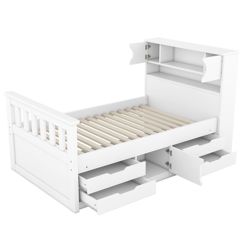 Base de lit plateforme avec bibliothèques de rangement, tablettes et tiroirs Captain, Blanc