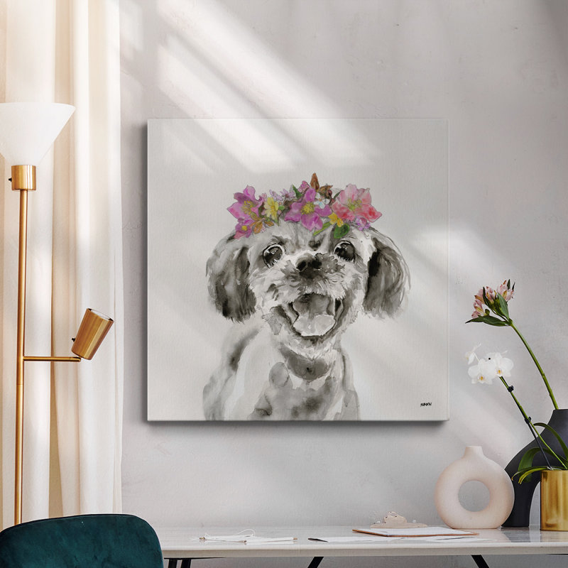 Flowered Pup II - Toile tendue avec châssis de qualité supérieure - prête à être accrochée