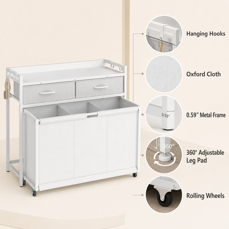 3-Section Rolling Laundry Hamper with 2 Drawers, Storage Shelf, 4 Hooks & Wheels, Laundry Sorter Cart for Laundry Room Organization