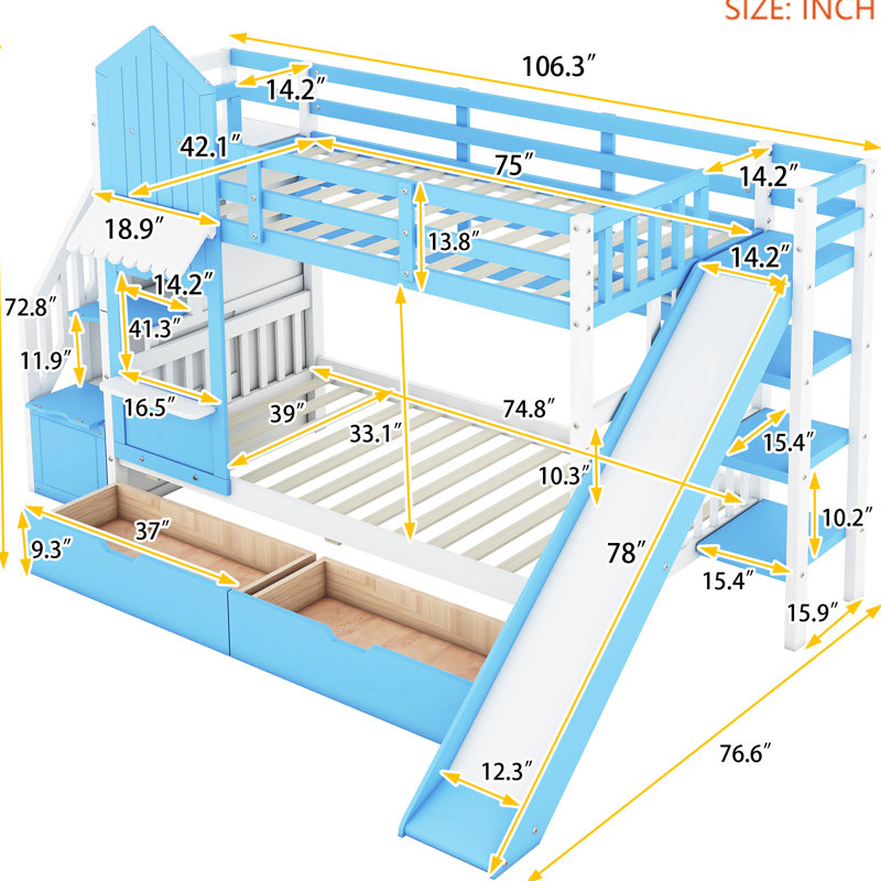 Twintwin Bunk Bed With 2 Drawers, 3 Shelves And Slide - Blue. Solid Wood Construction For Over 6 Years. No Box Spring Required. 106.3"L X 76.6"W 72.8"H. 250Lbs Weight Capacity Each Blue A Slide. 6.
