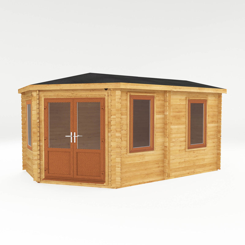 16ft x 10ft Corner Lodge Grande Log Cabin UPVC Windows & Doors (44mm), Oak/Natural Timber