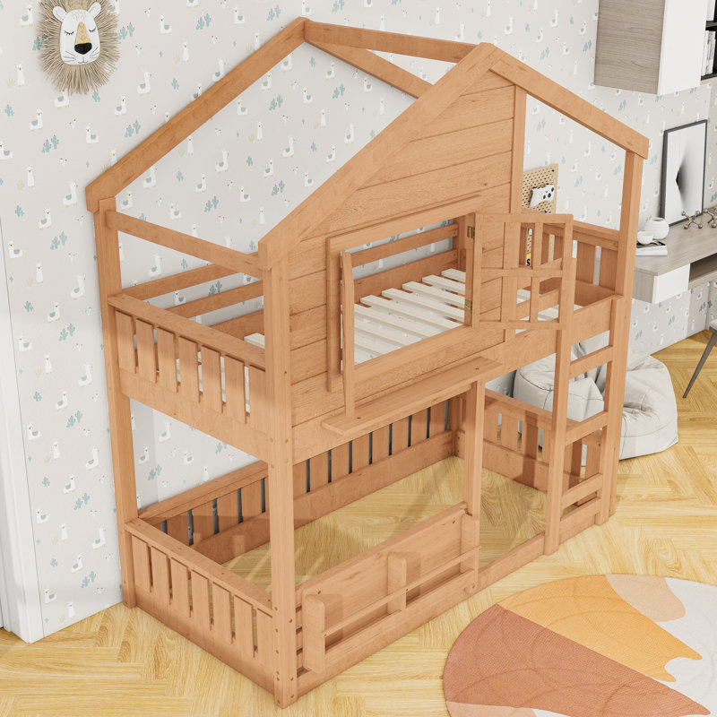 Lit superposé en bois en forme de maison avec fenêtre et tablette, Lit superposé simple sur simple, Naturel