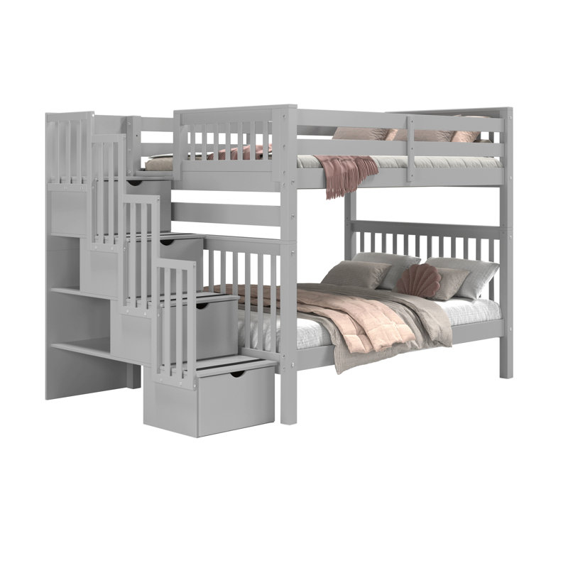 Tena Solid Wood Standard Stairway Bunk Beds Full over Full with 4 Drawers in the Steps, Gray, Gray, Full over Full