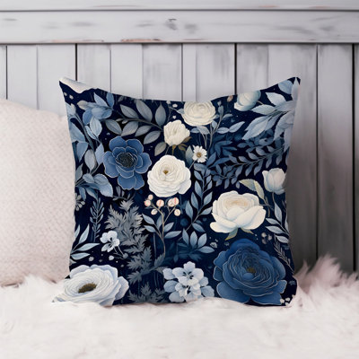 Floral Navy Blue Flowers Pattern I Flower Pillow Cover
