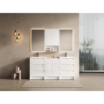 Meuble-lavabo autoportant avec lavabo en résine, tiroirs à fermeture en douceur et contreplaqué blanc brillant - conception moderne, solution de rangement durable