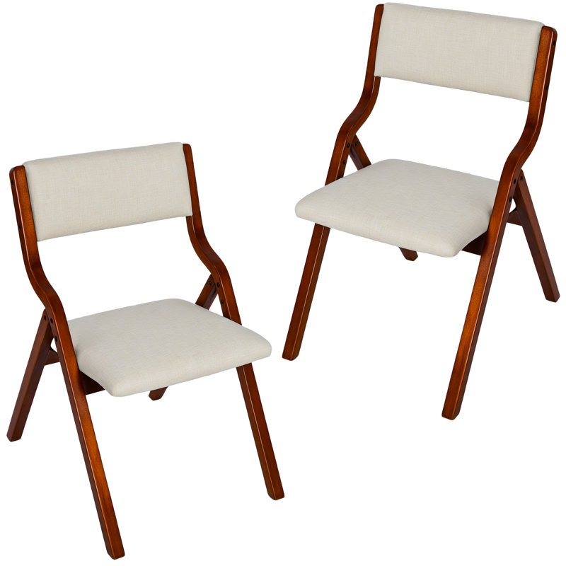Ensemble de 2 chaises de salle à manger pliantes et rembourrées, structure en bois au fini noyer avec siège et dossier en lin beige, sans assemblage, conception pliable peu encombrante pour la cuisine et la salle à manger