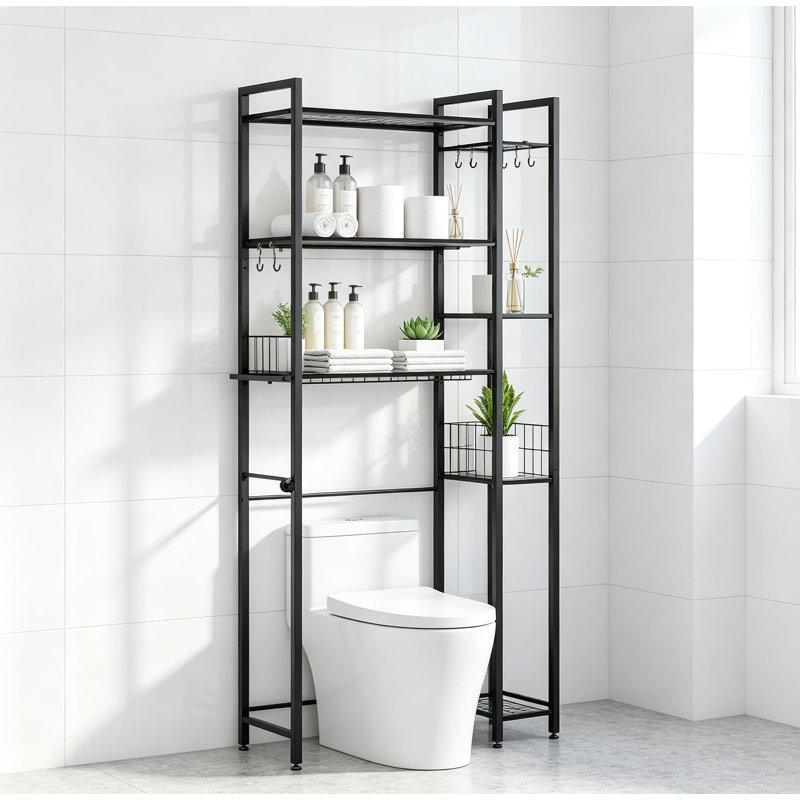 Meuble de rangement à poser au-dessus des toilettes, avec étagères en bois massif et support latéral, organisateur de salle de bain autoportant pour serviettes, articles de toilette et plus encore, noir