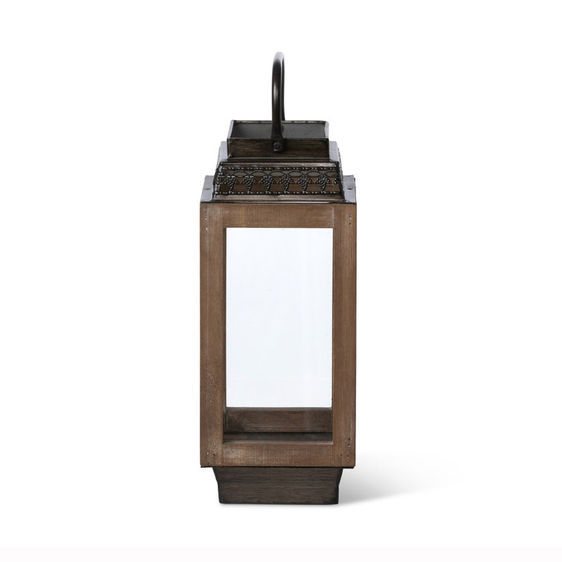 Small Rustic Outdoor Fir Wood And Galvanized Metal Cabin Lantern, 7.1"L x 5.5"W x 15.75"H