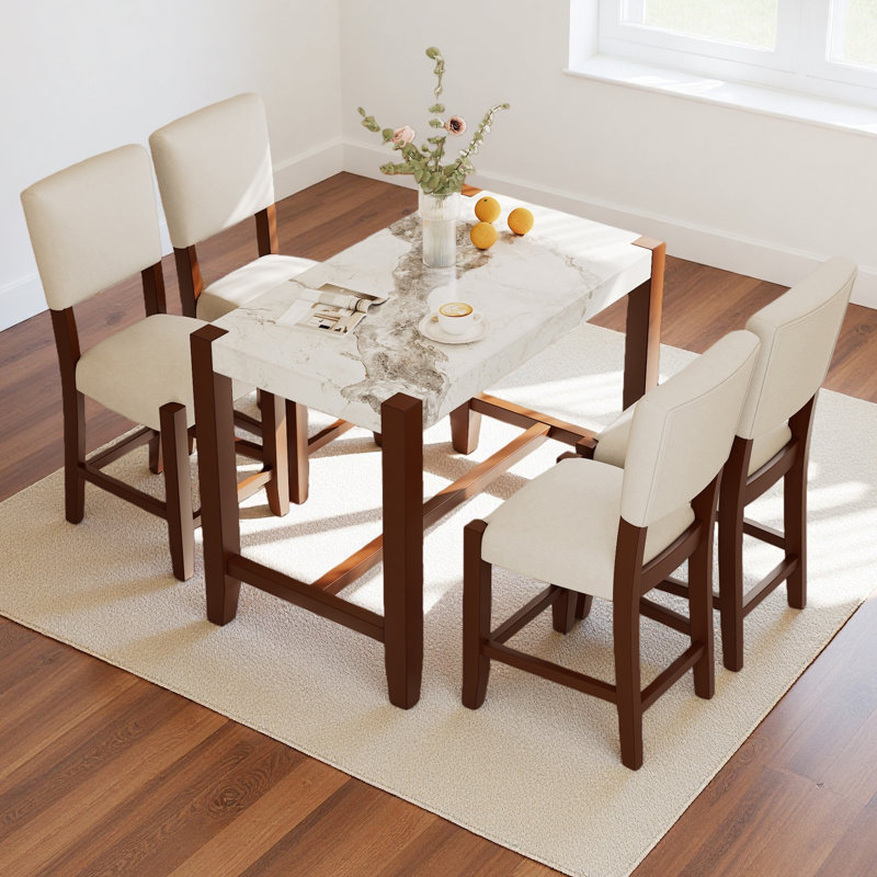 Ensemble de table de salle à manger 5 pièces à hauteur de comptoir pour 4 personnes, table de bar en faux marbre et 4 chaises rembourrées, ensemble de salle à manger de style Mid-Century moderne pour la salle à manger, cuisine de pub, petit espace