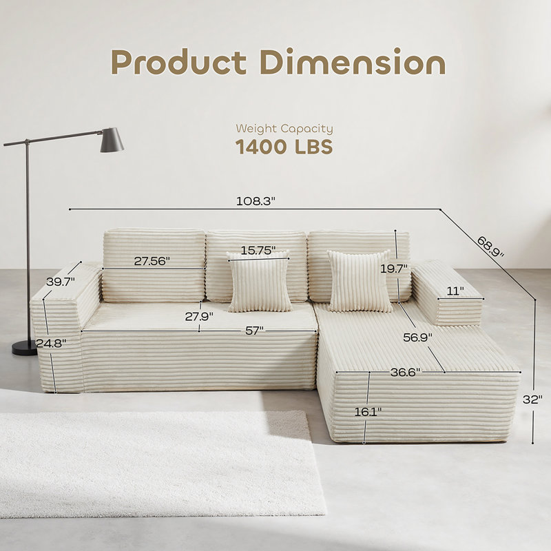 Canapé modulaire rembourré 2 pièces avec coussin Boneless, sans assemblage requis, canapé-lit à combinaison libre 108,3 po