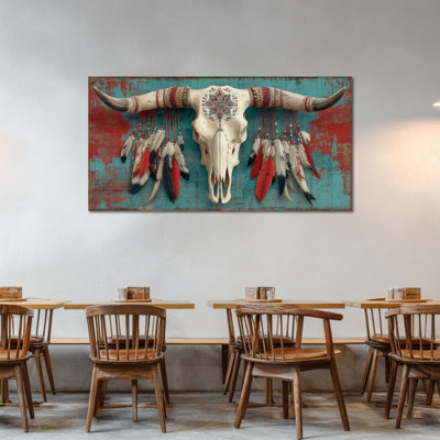 Impression sur toile Cxvu Bull crâne, crâne de vache de Longhorn amérindien, reproduction de plumes de style rustique vieilli, décoration murale pour salon 12 x 24