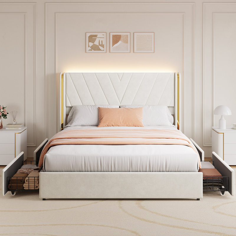 Upholstered Velvet Platform Bed Frame With Wingback Headboard And 4 Storage Drawers, Queen