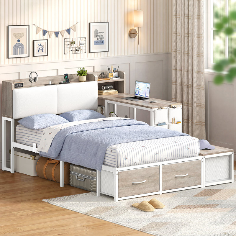 Lit simple d'angle avec bureau et 4 tiroirs, lit de jour pour chambre d'amis, blanc et gris chêne, Twin, Blanc et gris