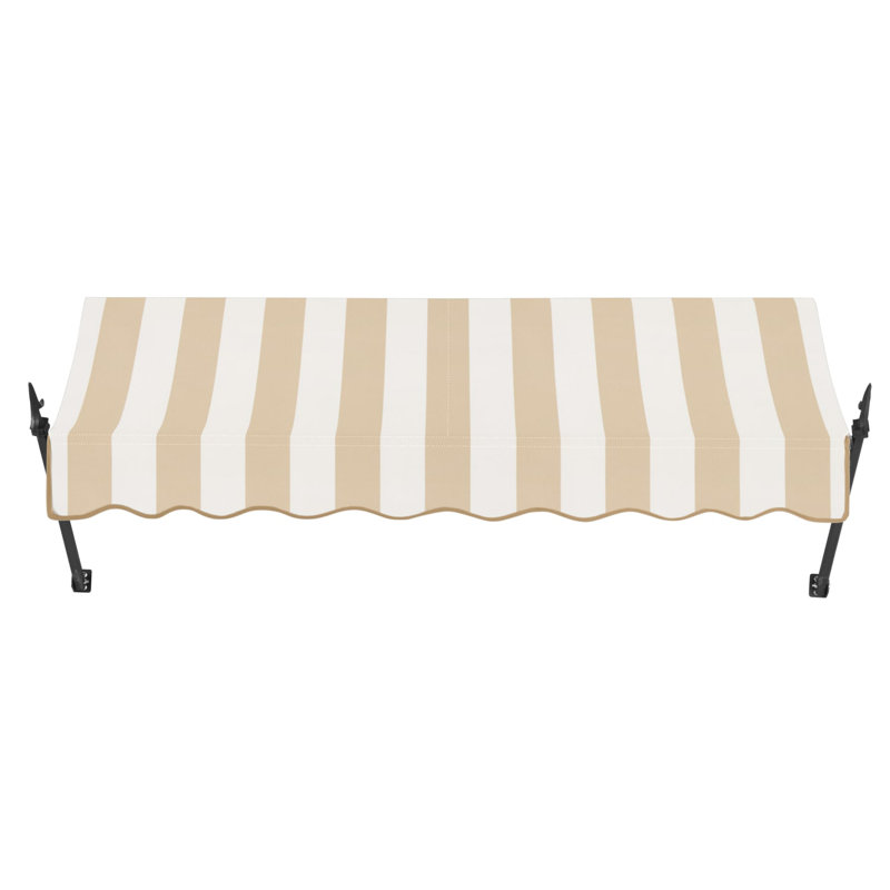 Awntech New Orleans Acrylic Fabric Fixed Awning with Iron Spear Arms, Linen/White Stripe, 31" H x 52.5" W x 16" D