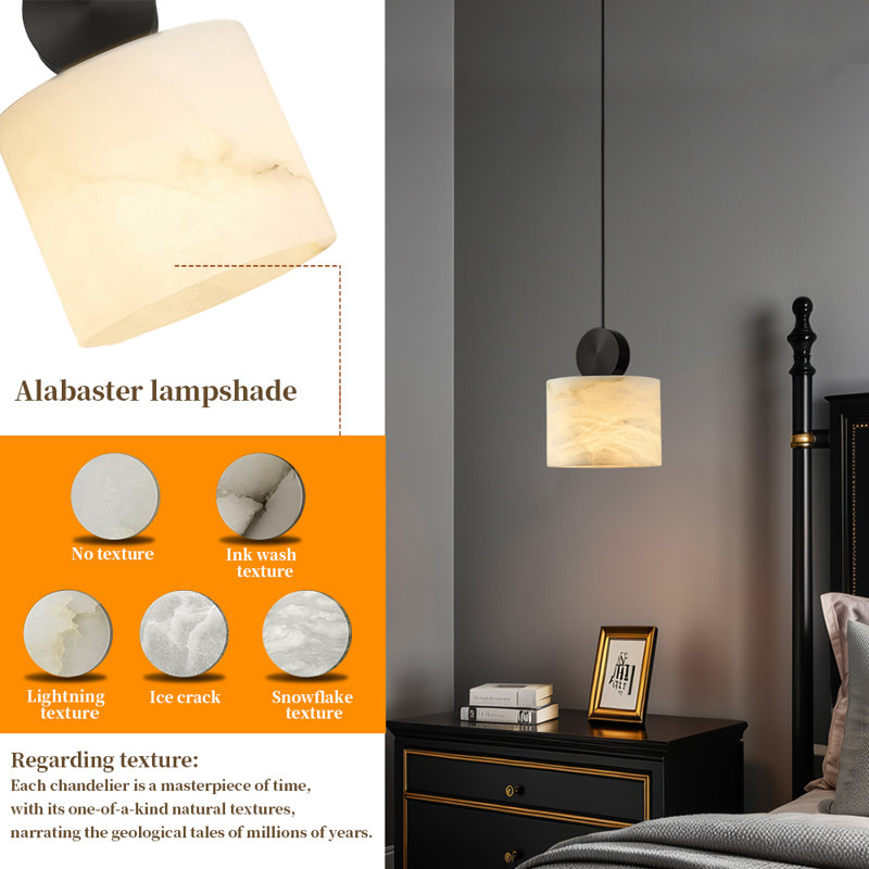 Luminaire suspendu albâtre laiton , H 79,1 po x l 5,51 po x P 5,51 po