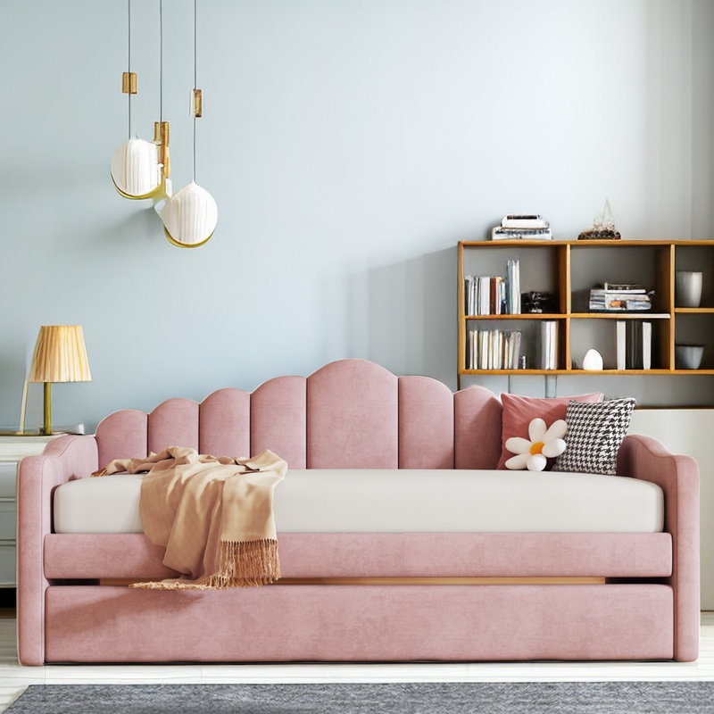 Lit de jour simple en velours avec couchette et 2 ports USB Azekiel, Rose