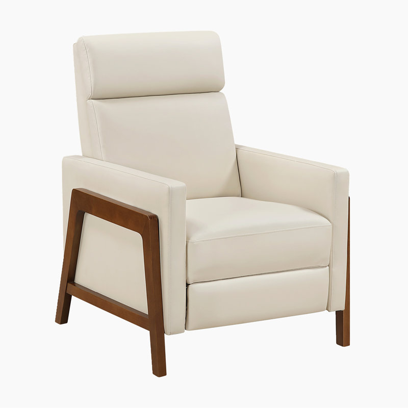 Renly 29" Mid-Century Modern Faux Leather Push Back Reclining Chair with Dark Brown Wood Frame & Metal Reinforced Seat