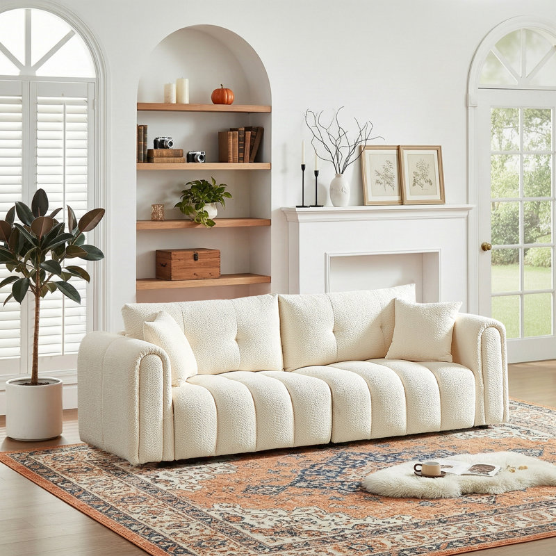Modern Style 91.5" Tufted Chenille Upholstered Sofa with Round Arms,Oversized Comfort for Living Room, Beige