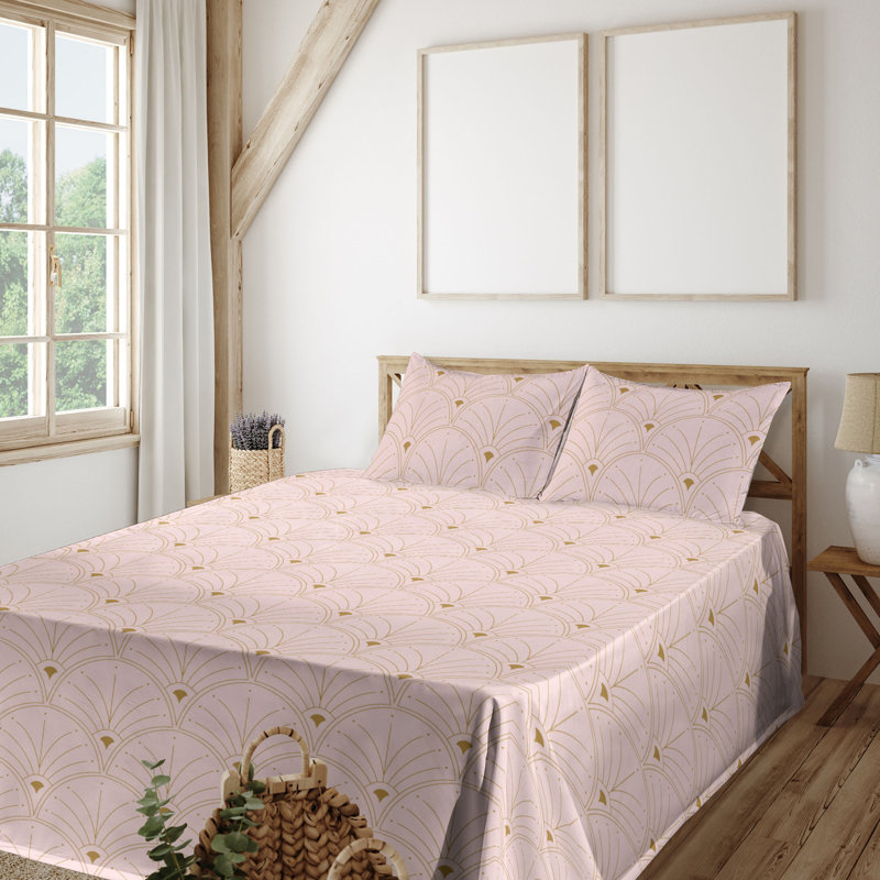 Microfiber Sheet Set, Full Sheet Set with 2 Pillowcases, Rose/Sand Brown Geometric