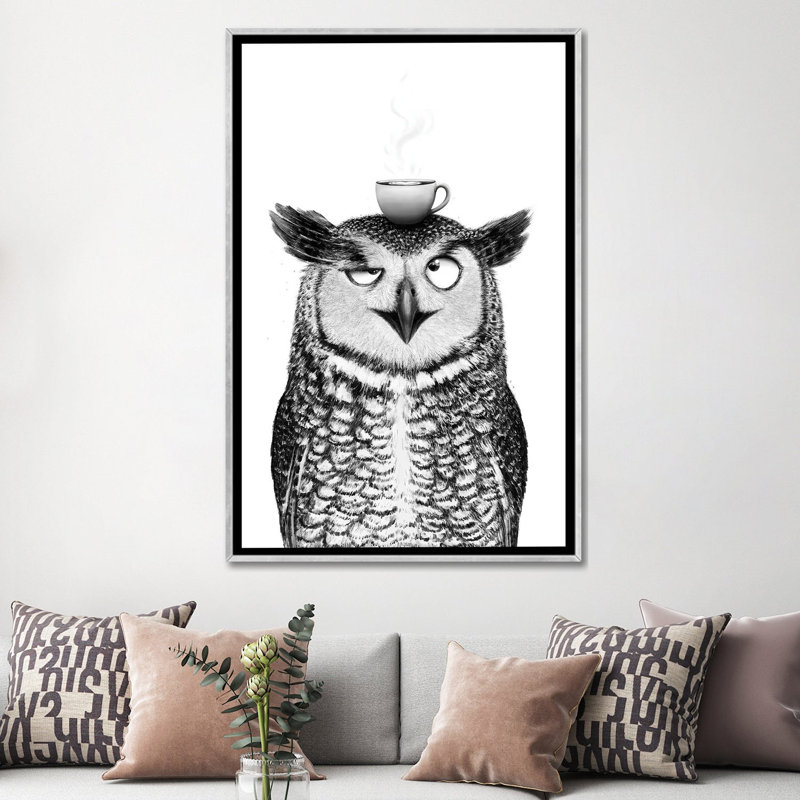 Hibou avec cappuccino - reproduction d'art murale - toile encadrée, 60 po x 40 po, Framed Canvas, Silver