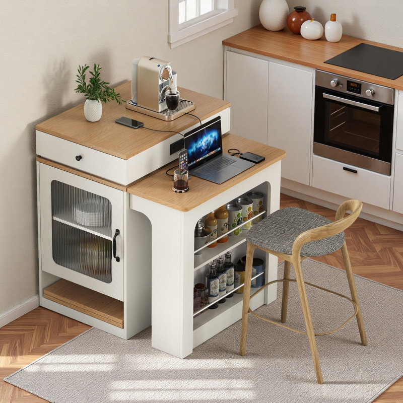 Extendable Storage Kitchen Island with Double-sided Storage and Power Outlet, White
